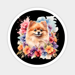 A pomeranian decorated with beautiful watercolor flowers Magnet